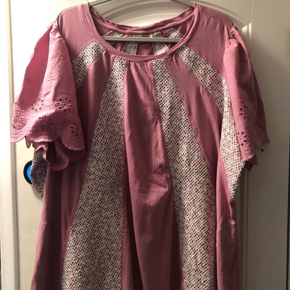 LOGO by Lori Goldstein Mauve Pink Eyelet Panel Blouse